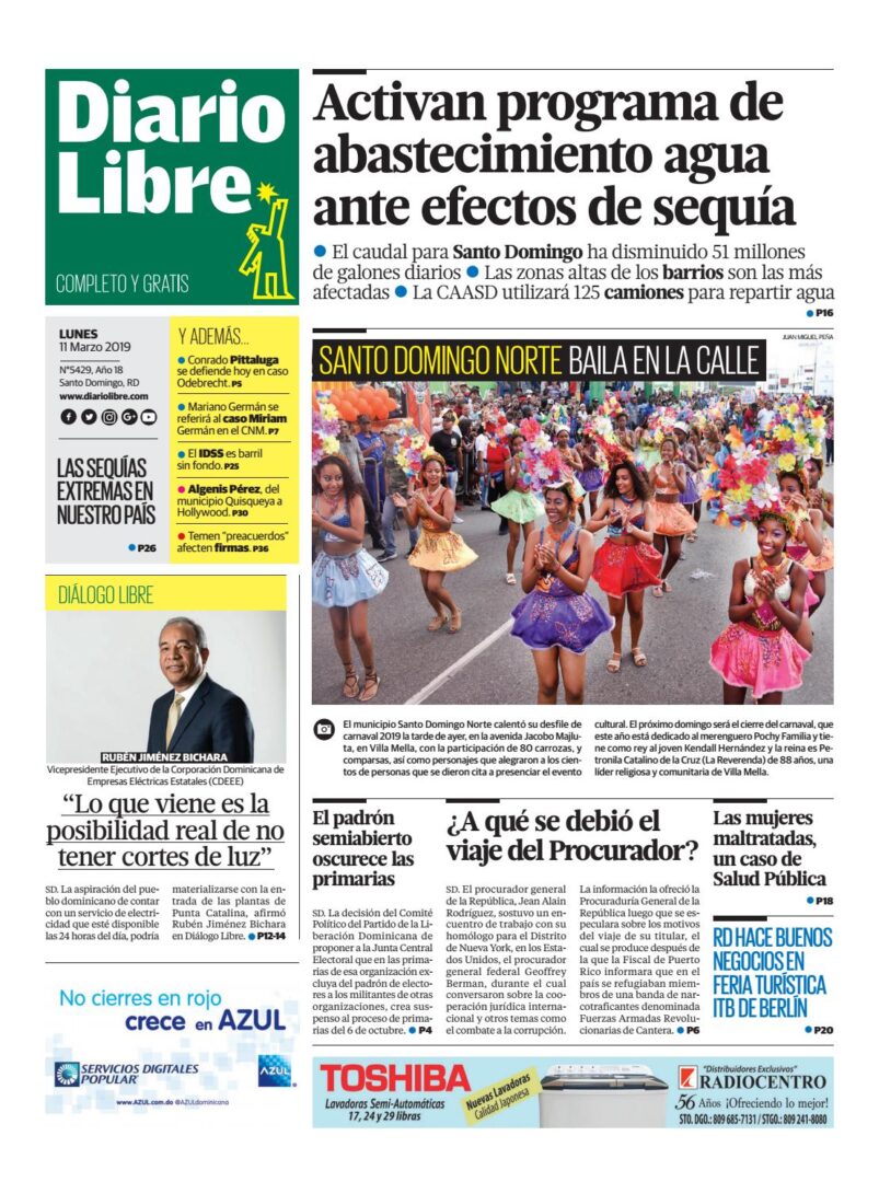 Portada Periódico Diario Libre, Lunes 11 de Marzo 2019