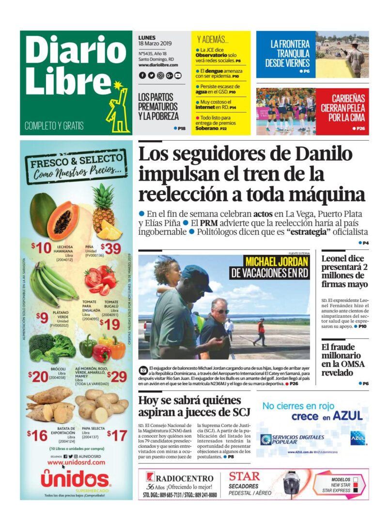 Portada Periódico Diario Libre, Lunes 18 de Marzo 2019