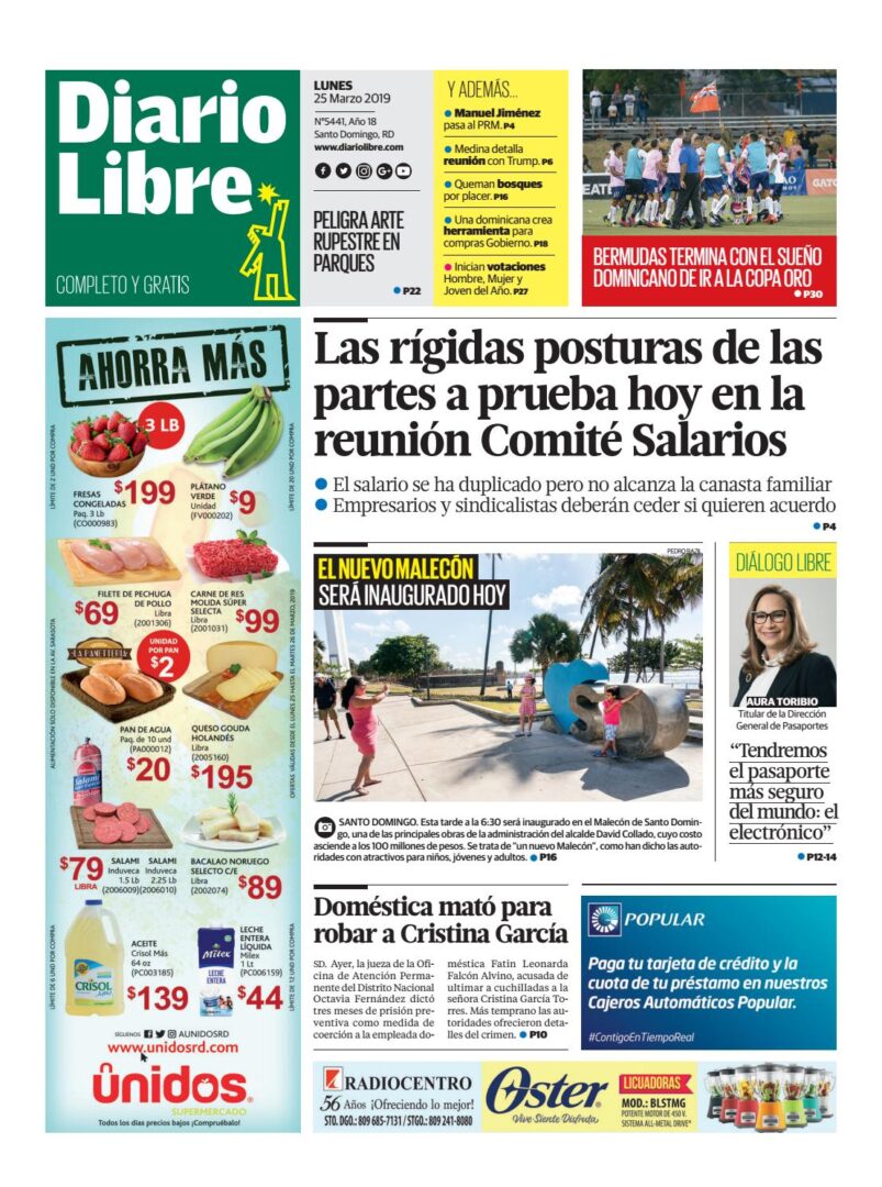 Portada Periódico Diario Libre, Lunes 25 de Marzo 2019