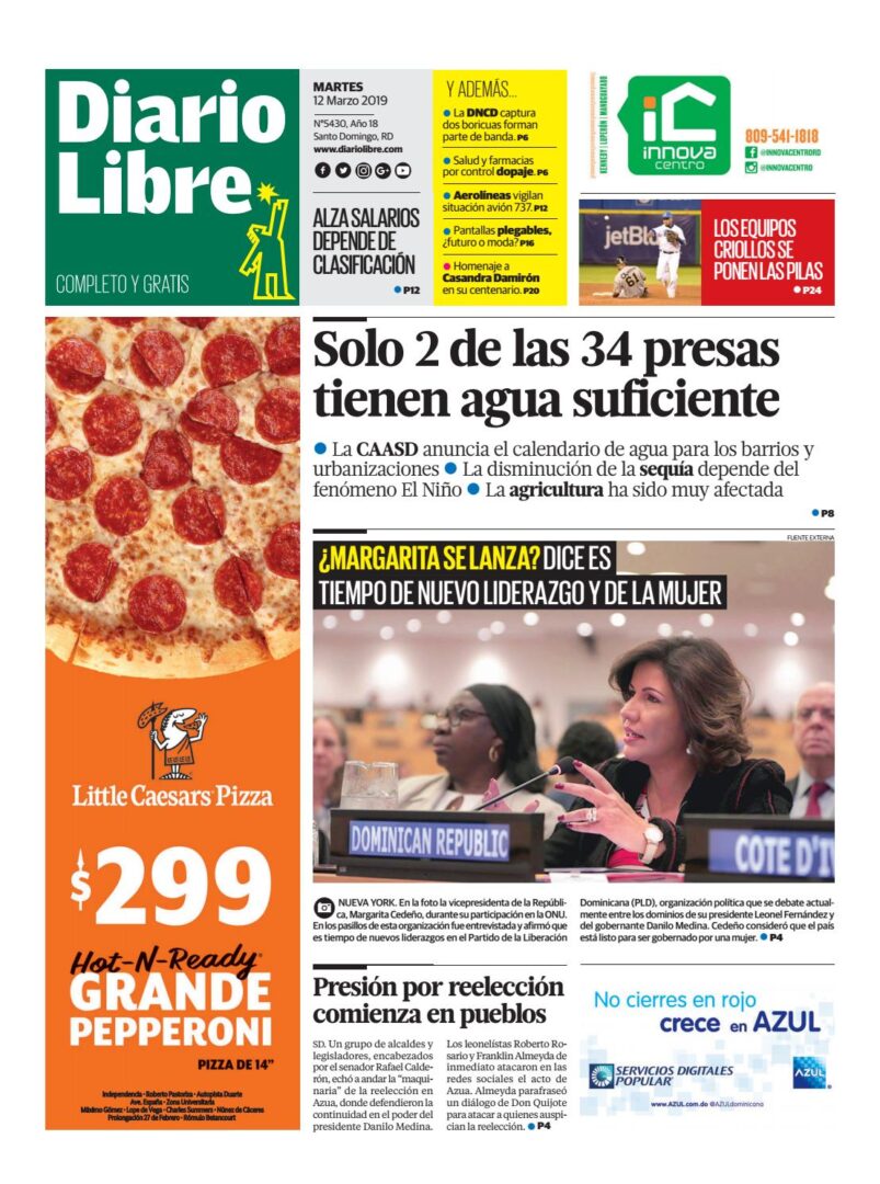 Portada Periódico Diario Libre, Martes 12 de Marzo 2019