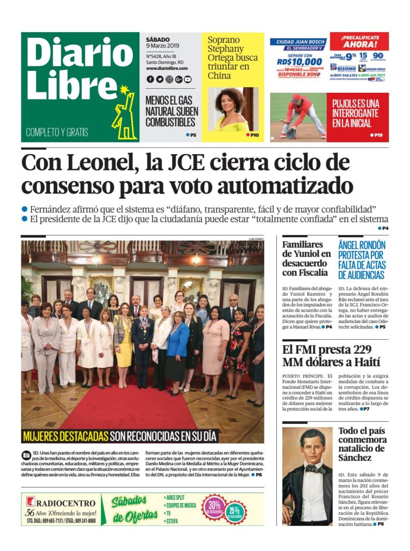 Portada Periódico Diario Libre, Sábado 08 de Marzo 2019