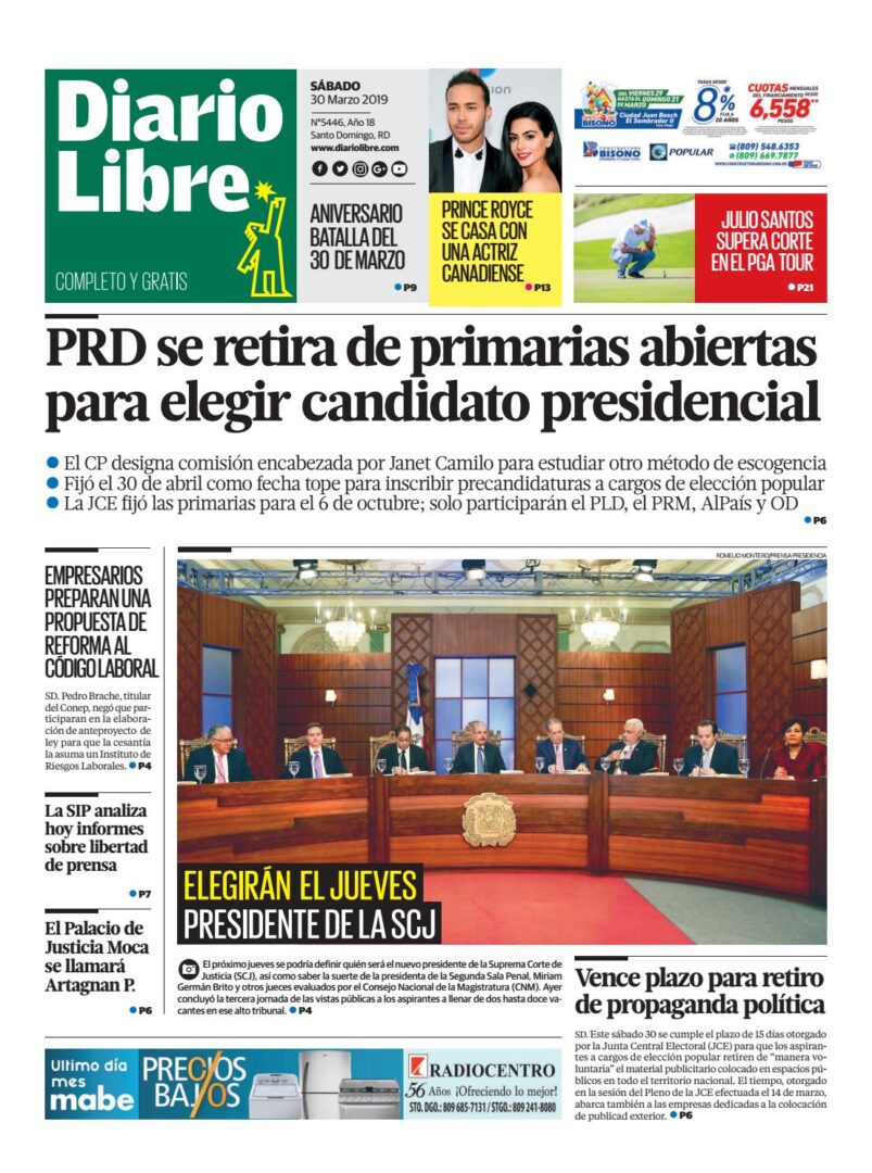 Portada Periódico Diario Libre, Sábado 30 de Marzo 2019