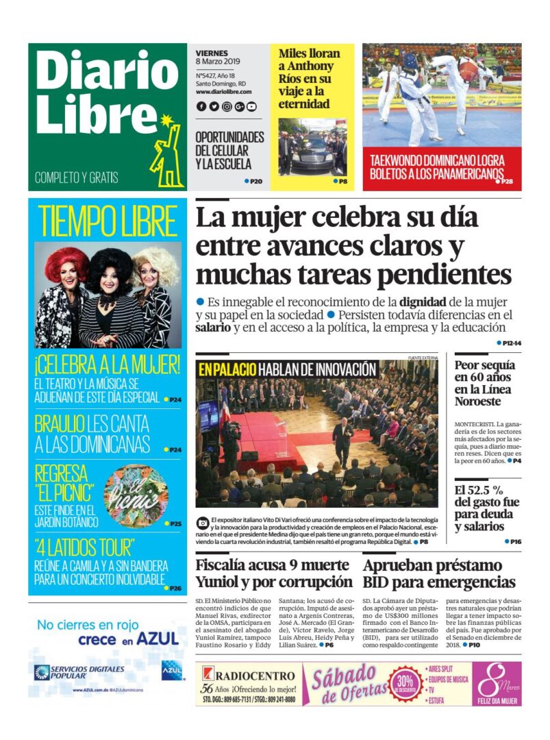Portada Periódico Diario Libre, Viernes 08 de Marzo 2019