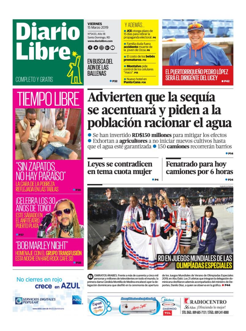 Portada Periódico Diario Libre, Viernes 15 de Marzo 2019