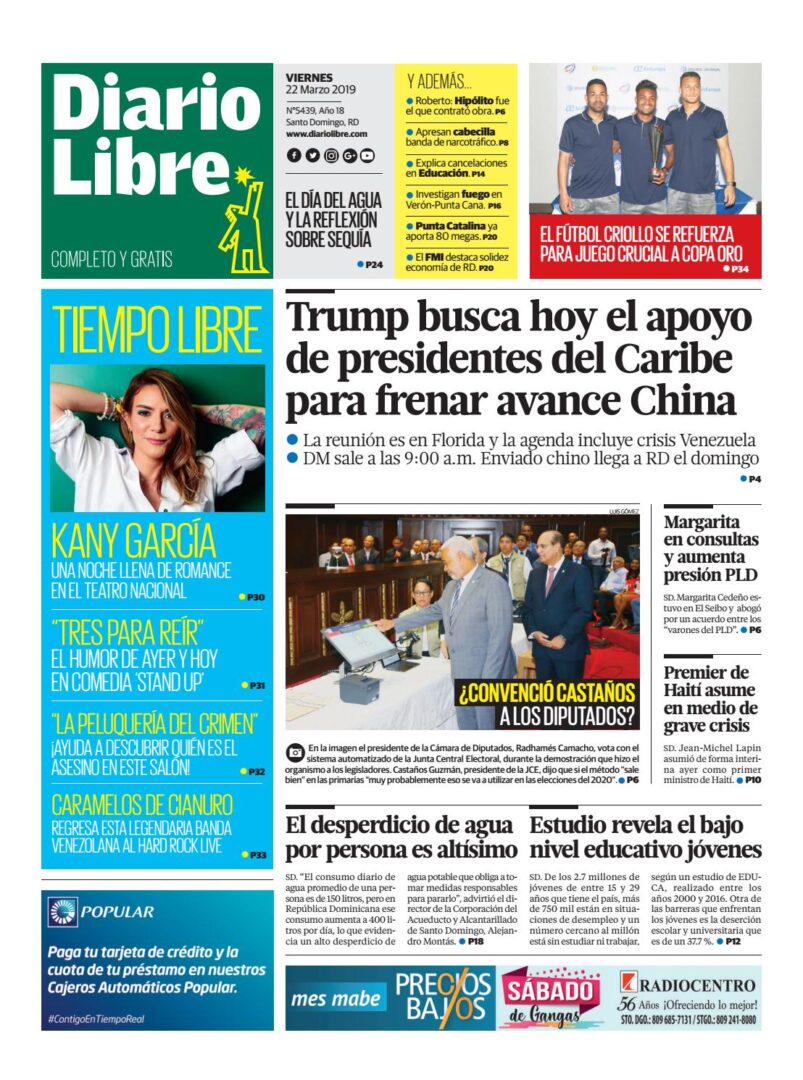 Portada Periódico Diario Libre, Viernes 22 de Marzo 2019