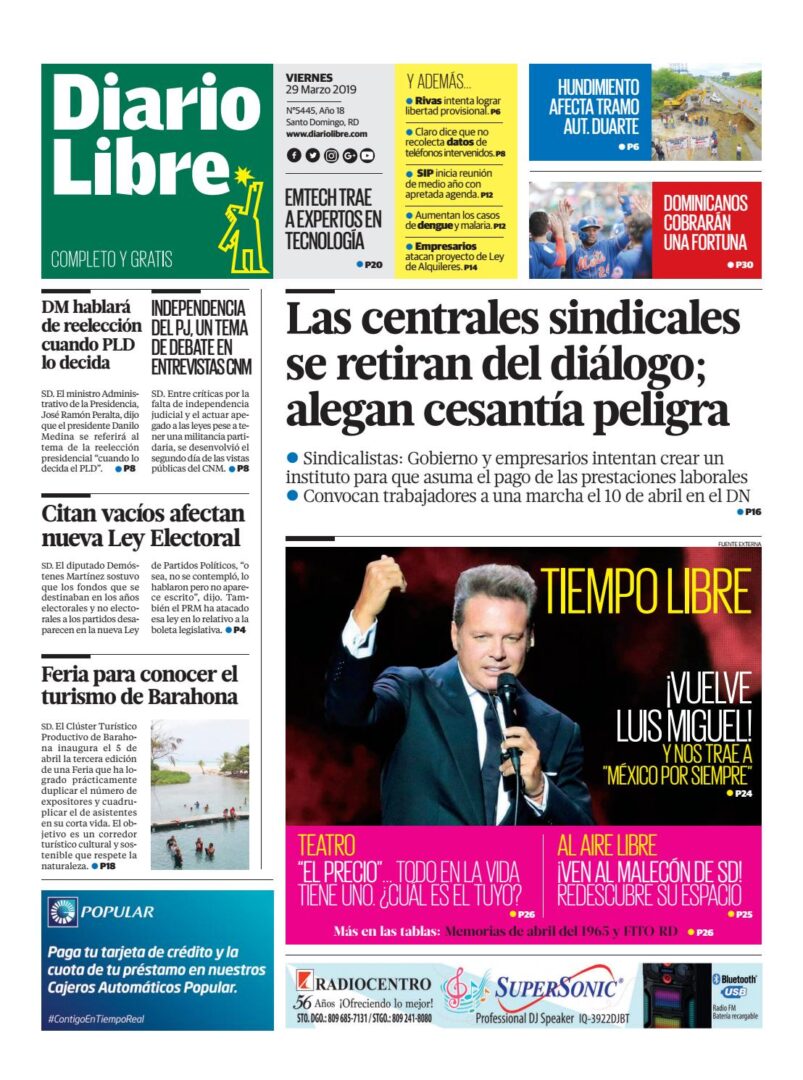 Portada Periódico Diario Libre, Viernes 29 de Marzo 2019