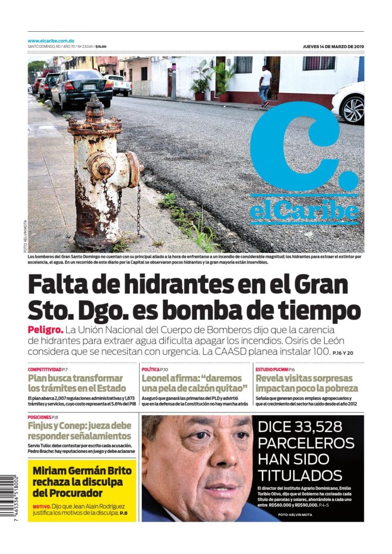 Portada Periódico El Caribe, Jueves 14 de Marzo 2019