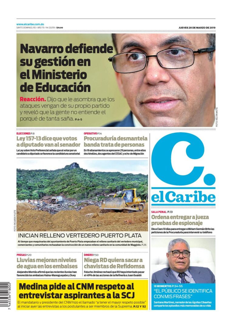 Portada Periódico El Caribe, Jueves 28 de Marzo 2019
