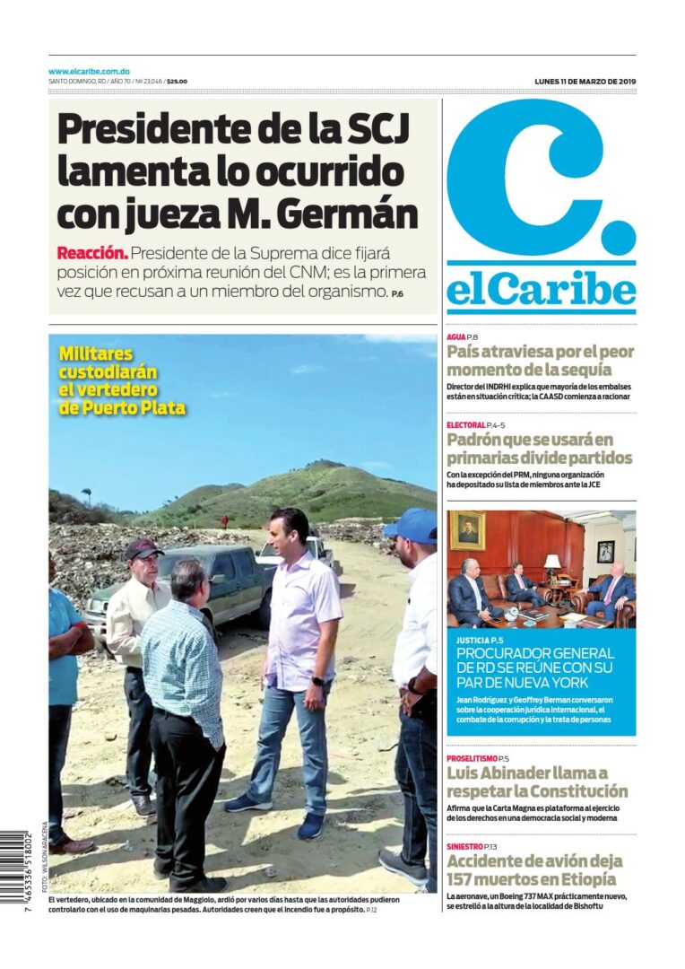 Portada Periódico El Caribe, Lunes 11 de Marzo 2019