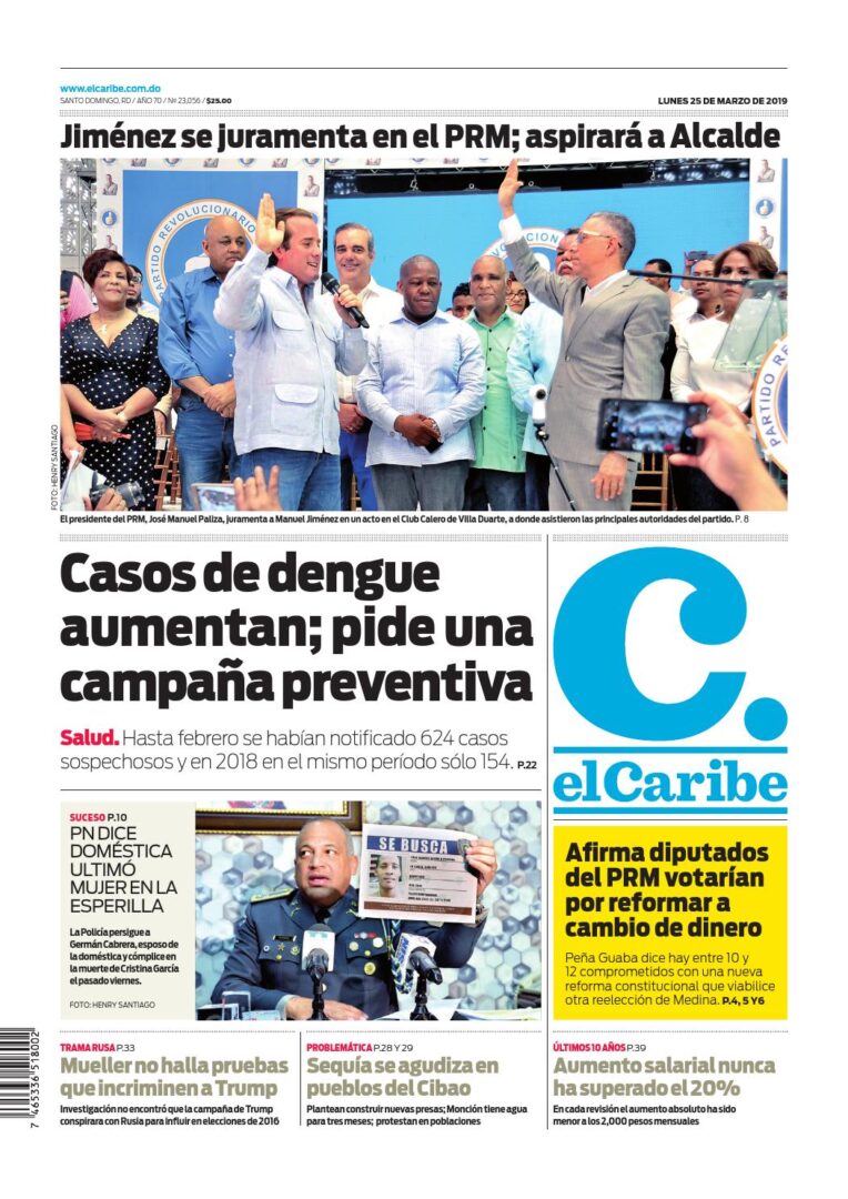 Portada Periódico El Caribe, Lunes 25 de Marzo 2019
