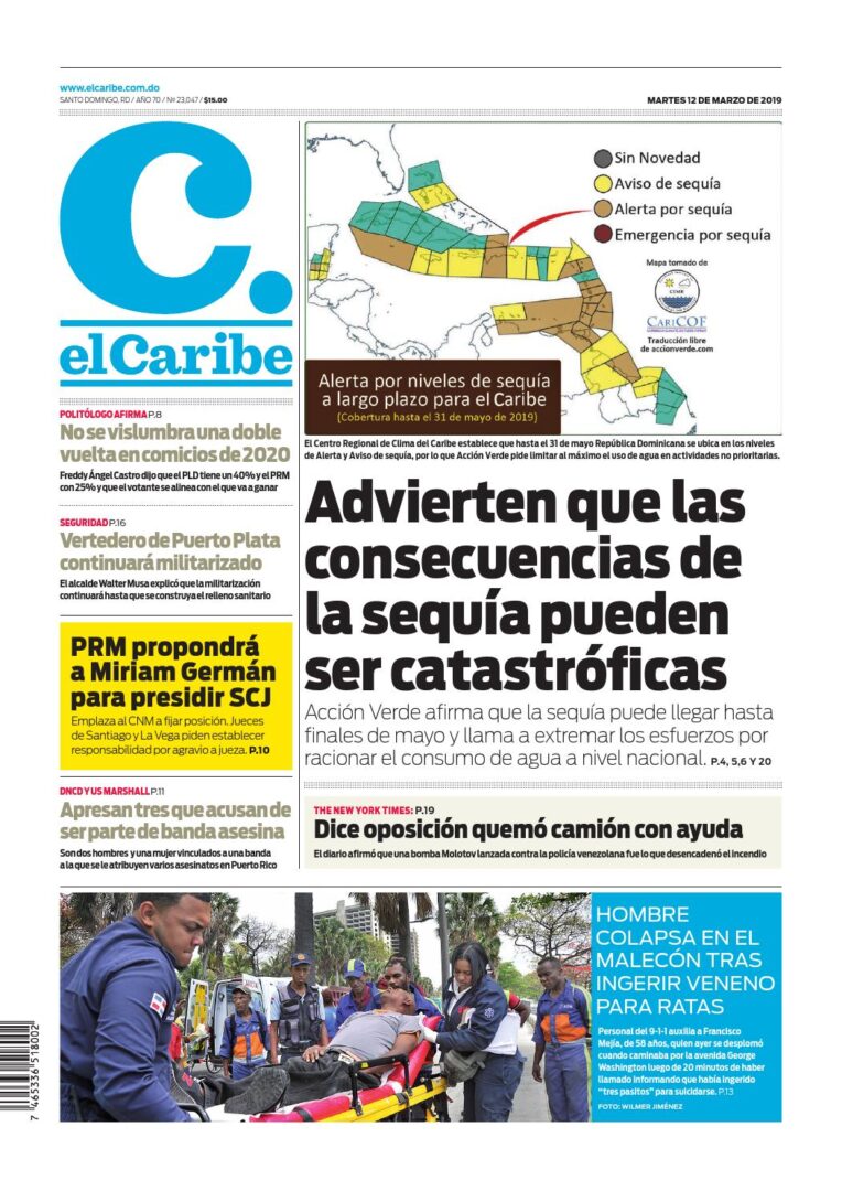 Portada Periódico El Caribe, Martes 12 de Marzo 2019
