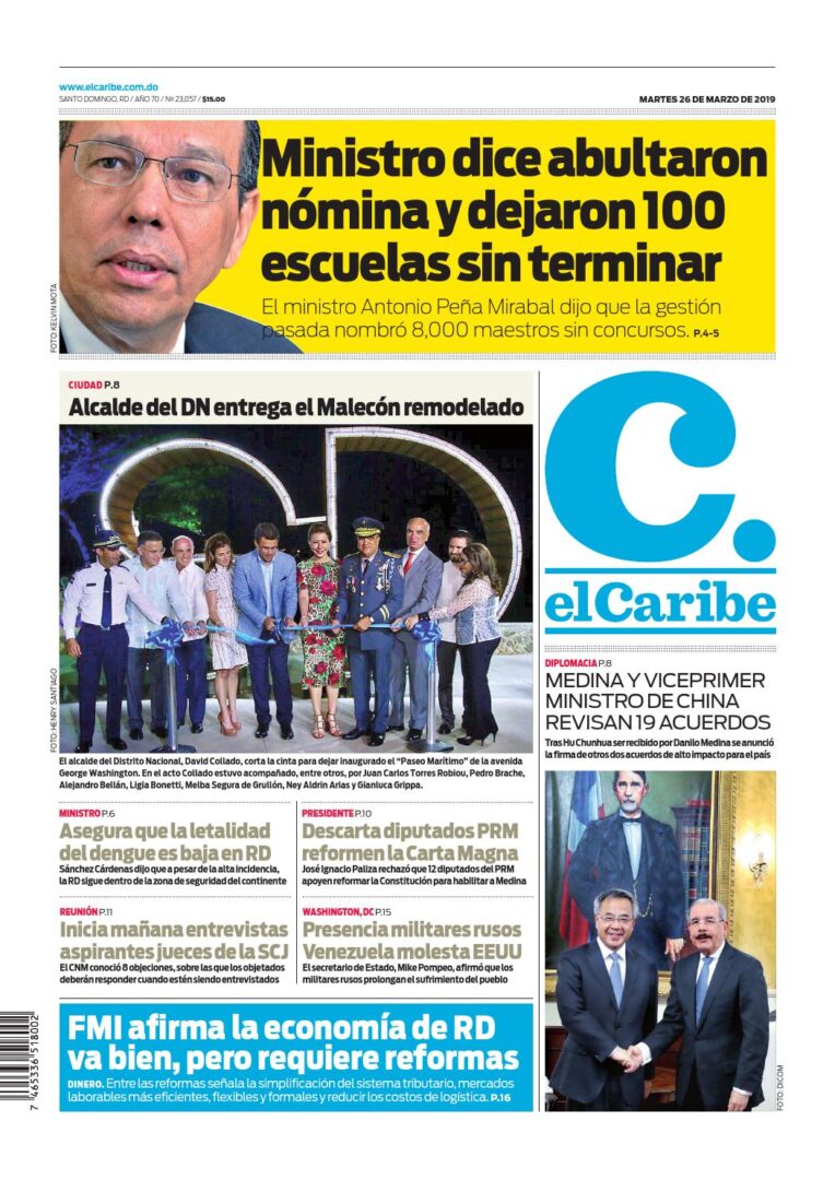 Portada Periódico El Caribe, Martes 26 de Marzo 2019