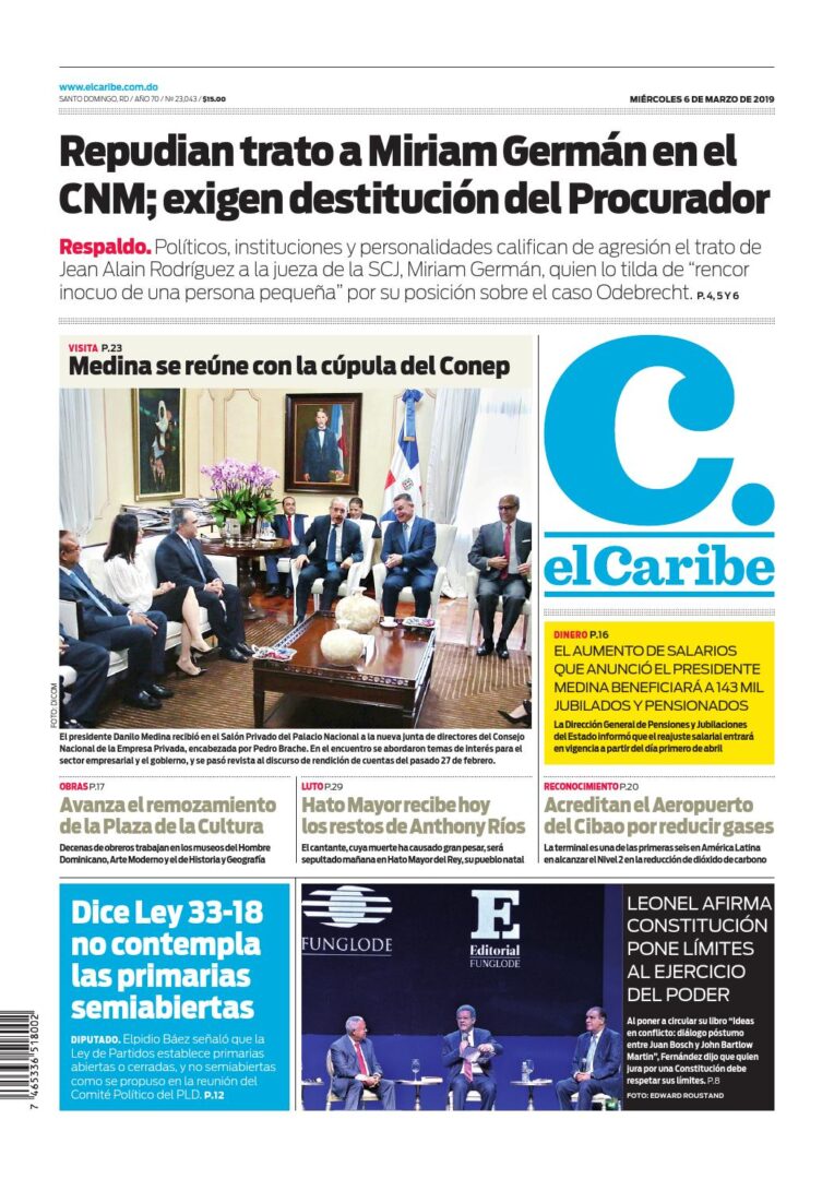 Portada Periódico El Caribe, Miércoles 06 de Marzo 2019
