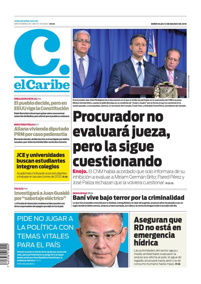 Portada Periódico El Caribe, Miércoles 13 de Marzo 2019