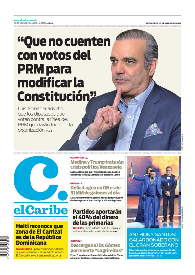 Portada Periódico El Caribe, Miércoles 20 de Marzo 2019