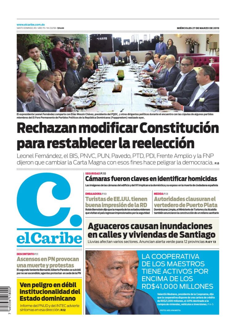 Portada Periódico El Caribe, Miércoles 27 de Marzo 2019