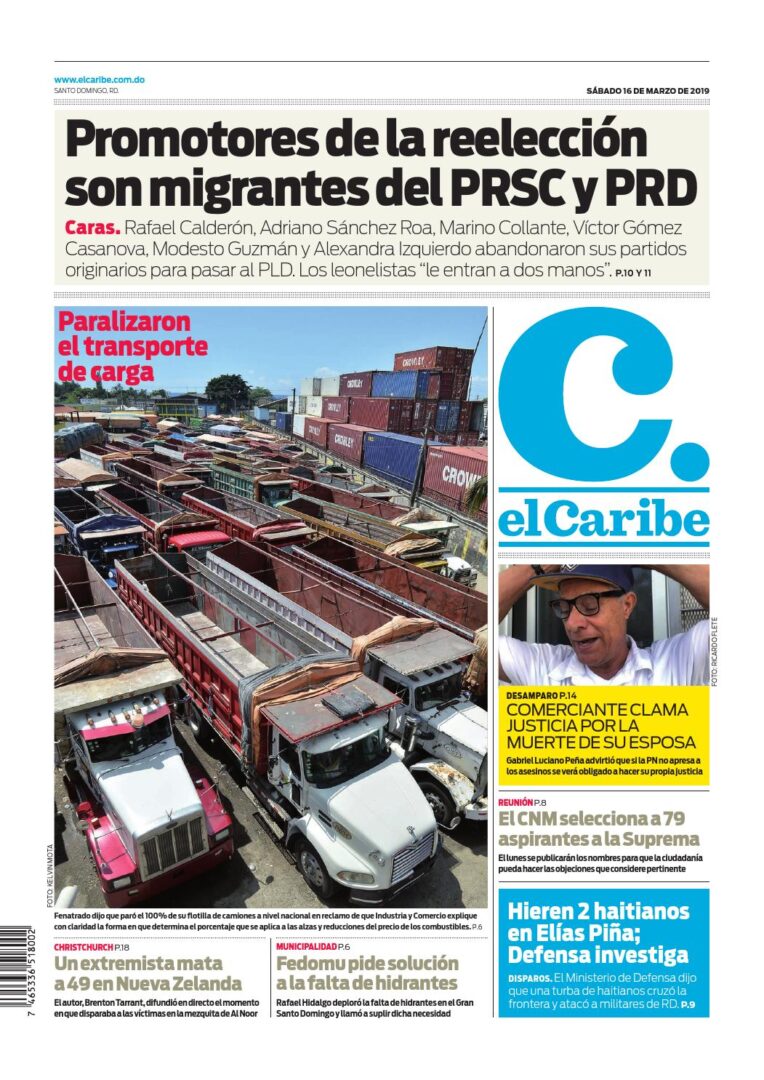 Portada Periódico El Caribe, Sábado 16 de Marzo 2019