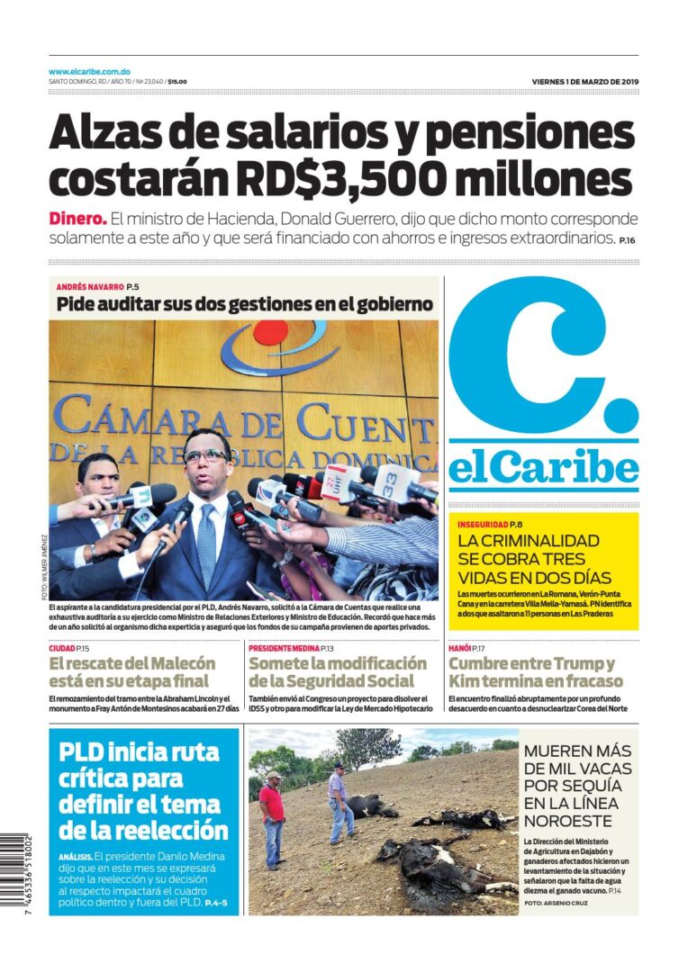 Portada Periódico El Caribe, Viernes 01 de Marzo 2019