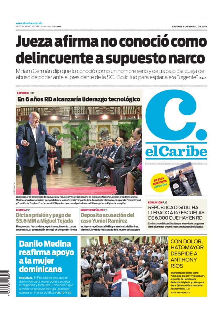 Portada Periódico El Caribe, Viernes 08 de Marzo 2019