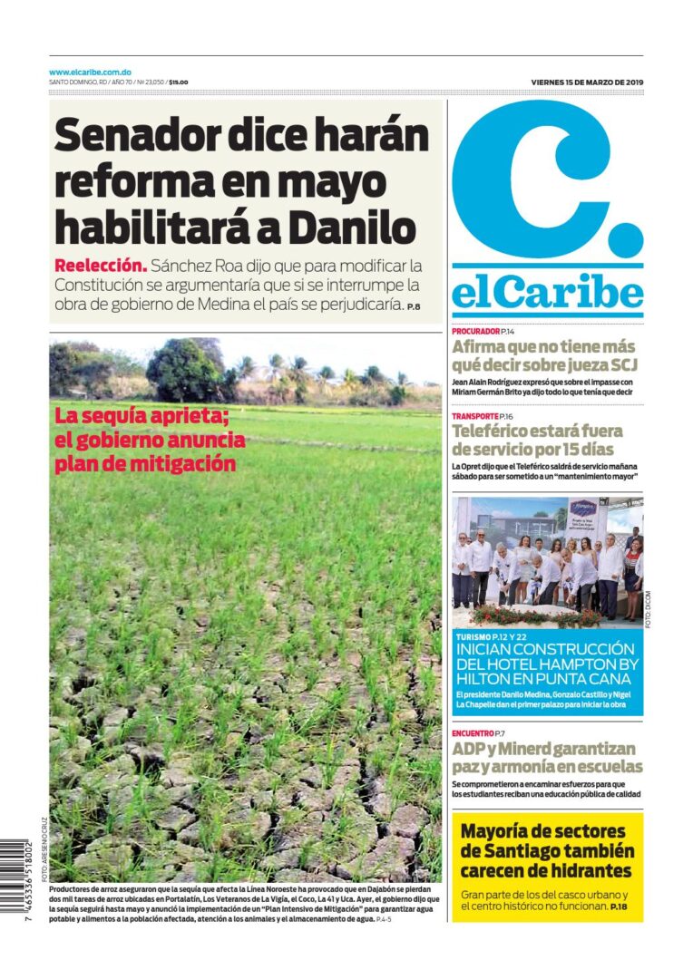 Portada Periódico El Caribe, Viernes 15 de Marzo 2019