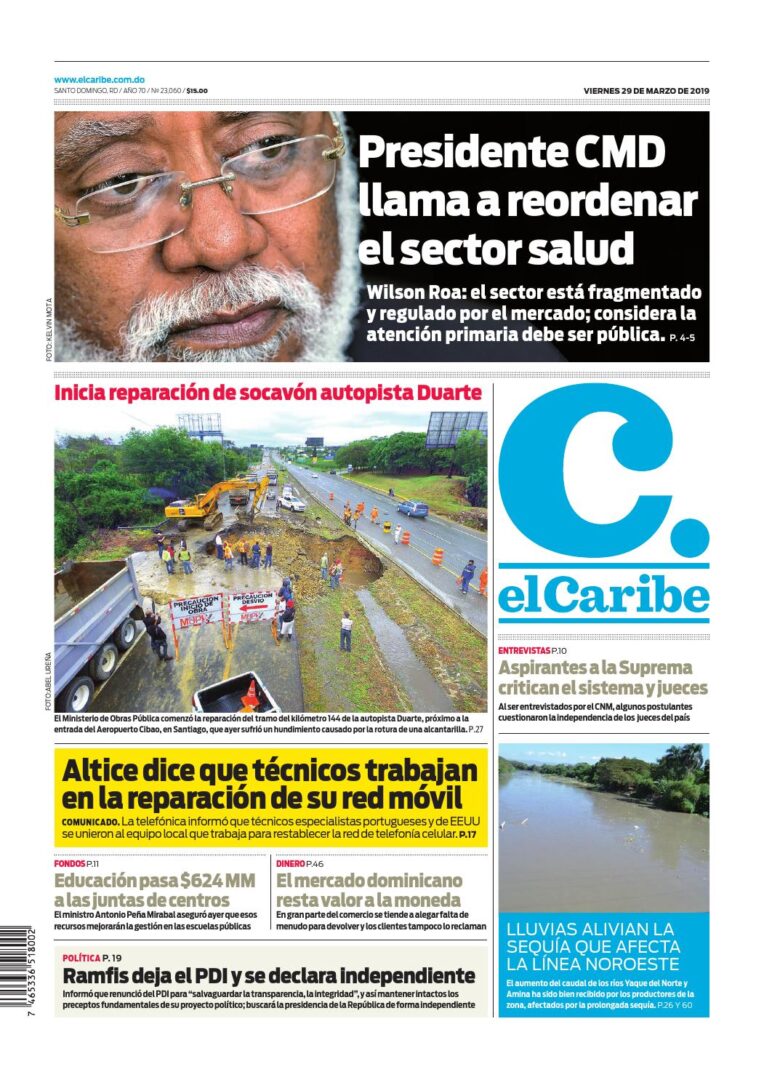 Portada Periódico El Caribe, Viernes 29 de Marzo 2019