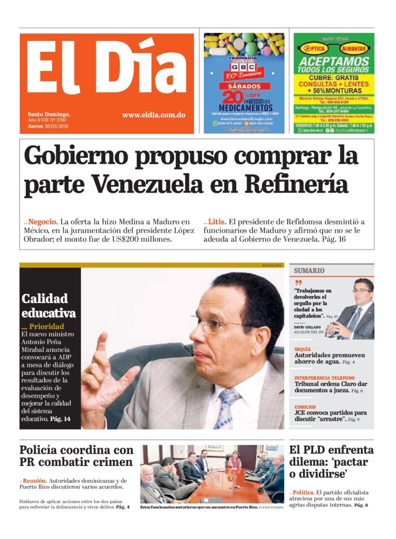 Portada Periódico El Día, Jueves 28 de Marzo 2019