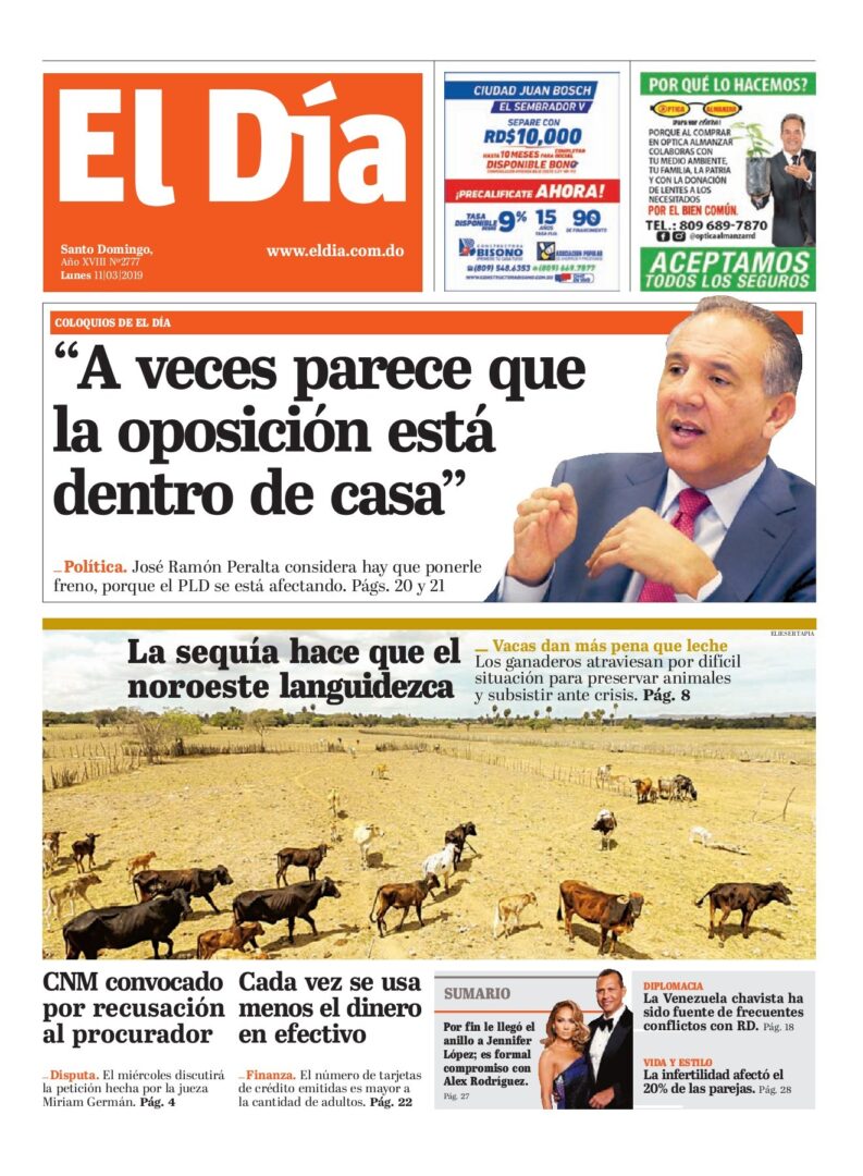 Portada Periódico El Día, Lunes 11 de Marzo 2019