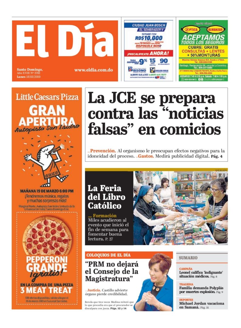Portada Periódico El Día, Lunes 18 de Marzo 2019
