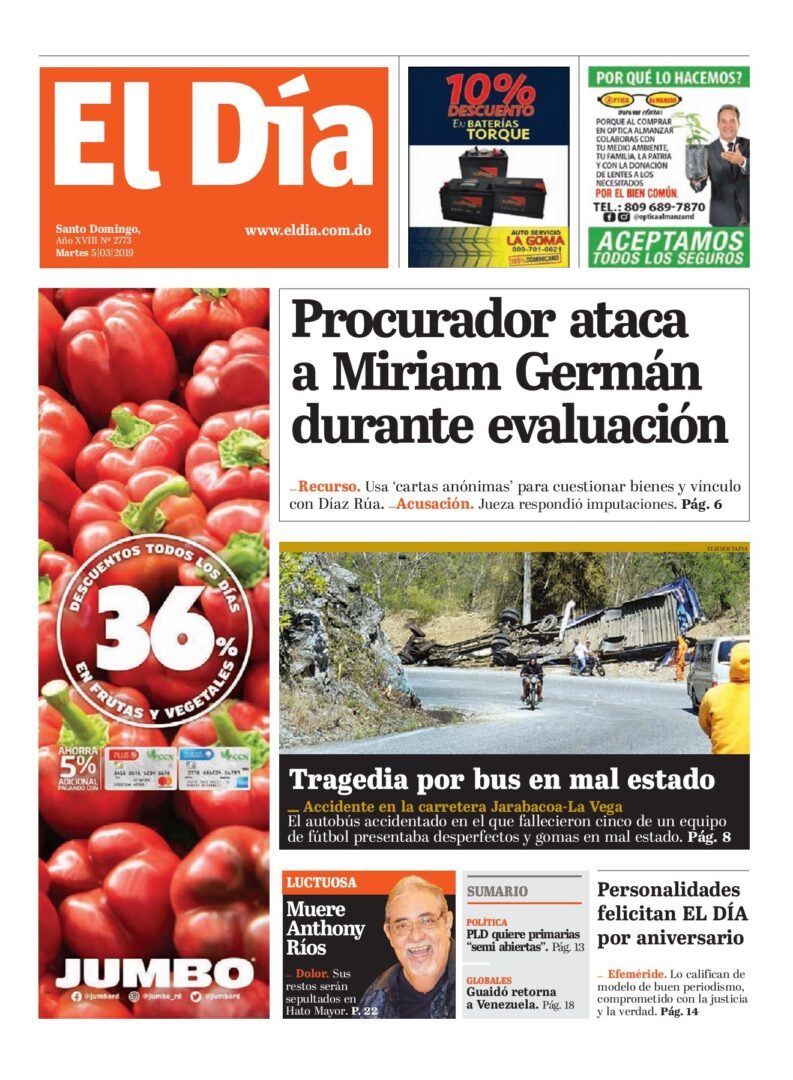 Portada Periódico El Día, Martes 05 de Marzo 2019