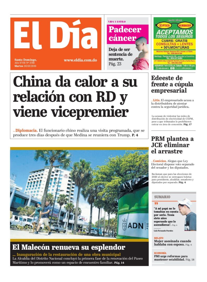 Portada Periódico El Día, Martes 26 de Marzo 2019