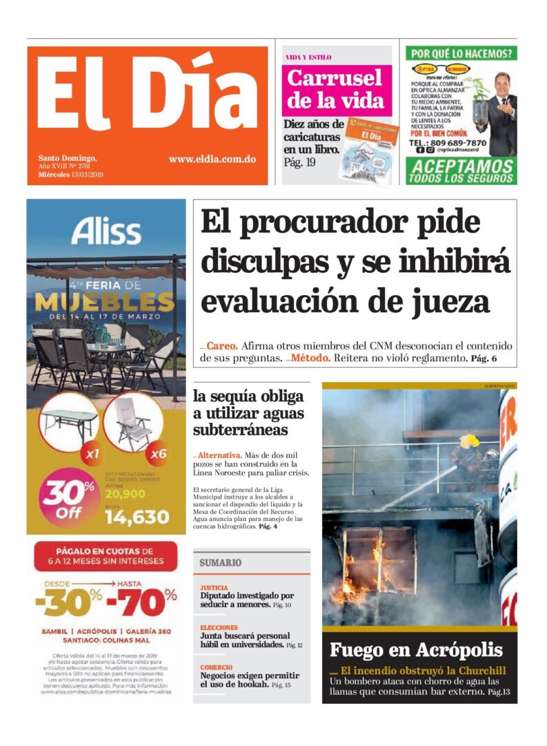Portada Periódico El Día, Miércoles 13 de Marzo 2019