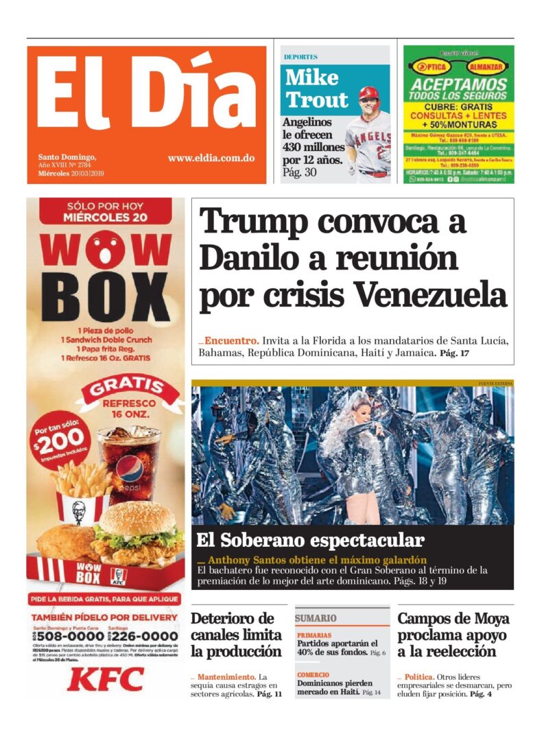 Portada Periódico El Día, Miércoles 20 de Marzo 2019