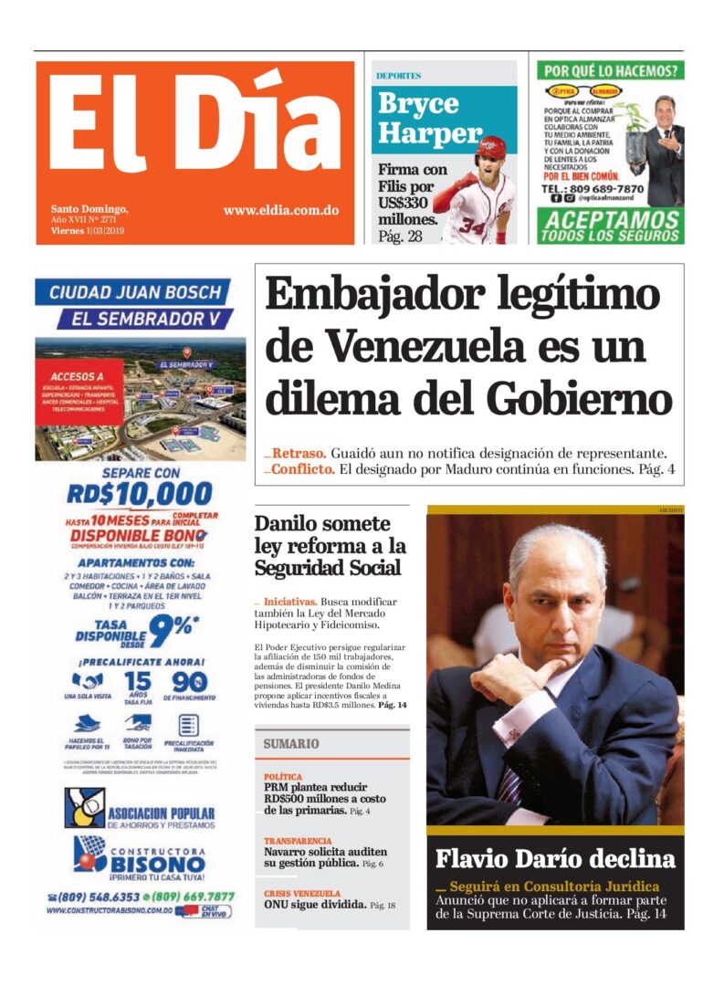 Portada Periódico El Día, Viernes 01 de Marzo 2019