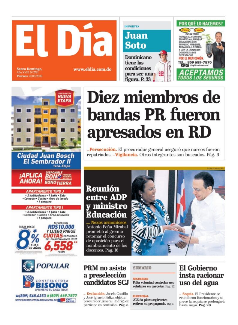 Portada Periódico El Día, Viernes 15 de Marzo 2019