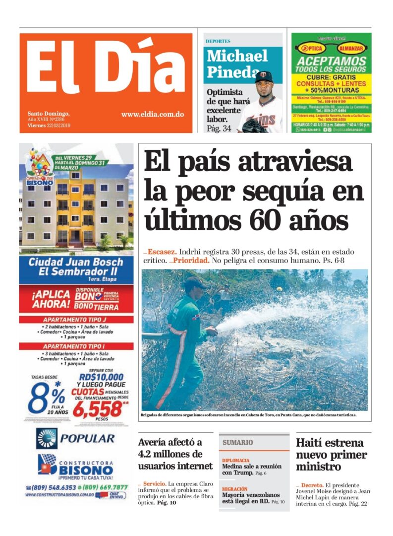 Portada Periódico El Día, Viernes 22 de Marzo 2019