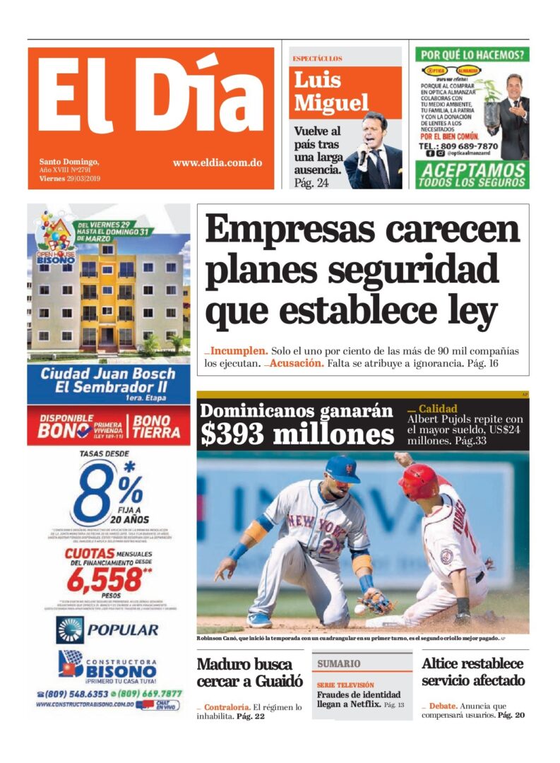 Portada Periódico El Día, Viernes 29 de Marzo 2019