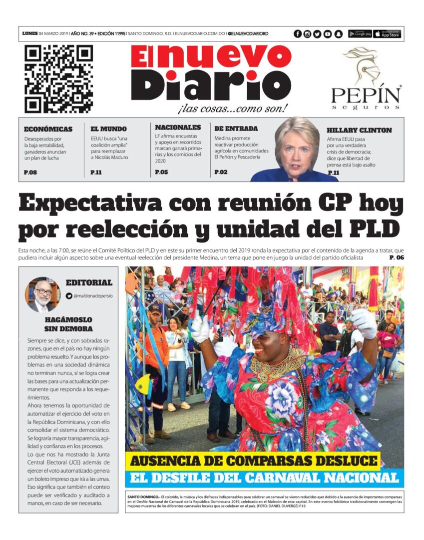 Portada Periódico El Nuevo Diario, Lunes 04 de Marzo 2019