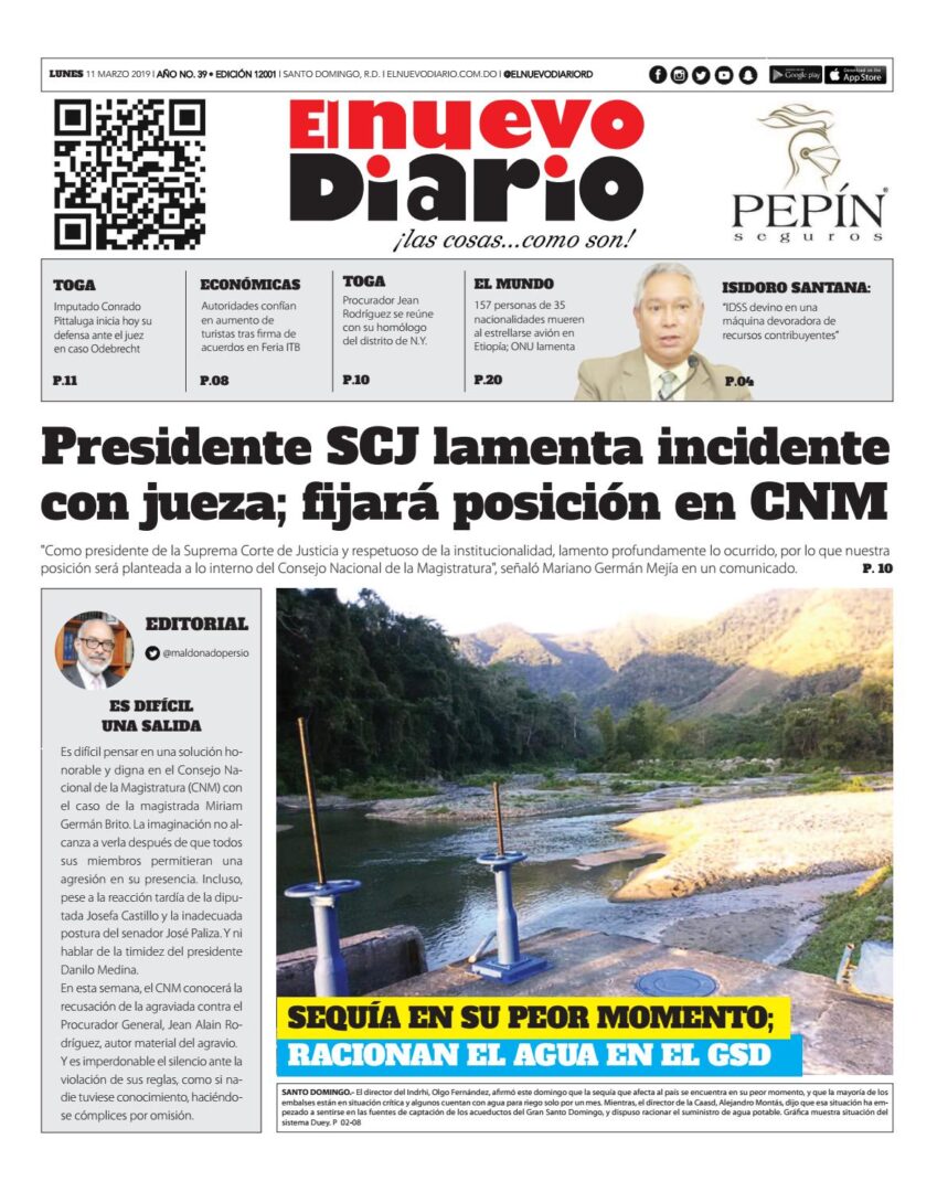 Portada Periódico El Nuevo Diario, Lunes 11 de Marzo 2019
