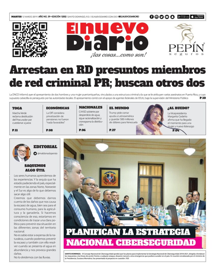 Portada Periódico El Nuevo Diario, Martes 12 de Marzo 2019