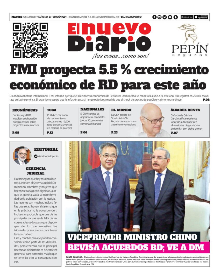 Portada Periódico El Nuevo Diario, Martes 26 de Marzo 2019