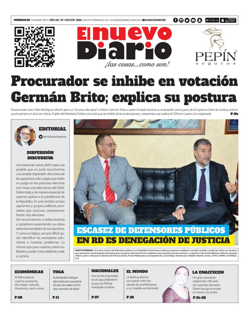 Portada Periódico El Nuevo Diario, Miércoles 13 de Marzo 2019