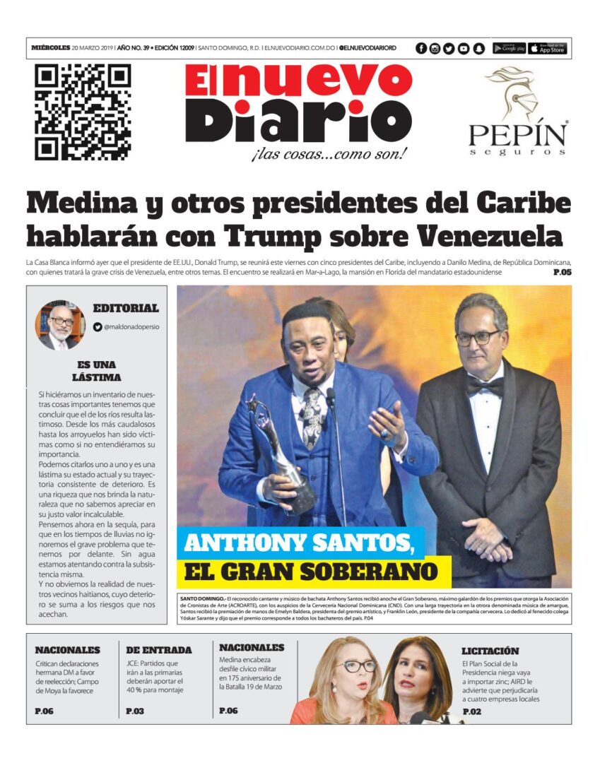 Portada Periódico El Nuevo Diario, Miércoles 20 de Marzo 2019