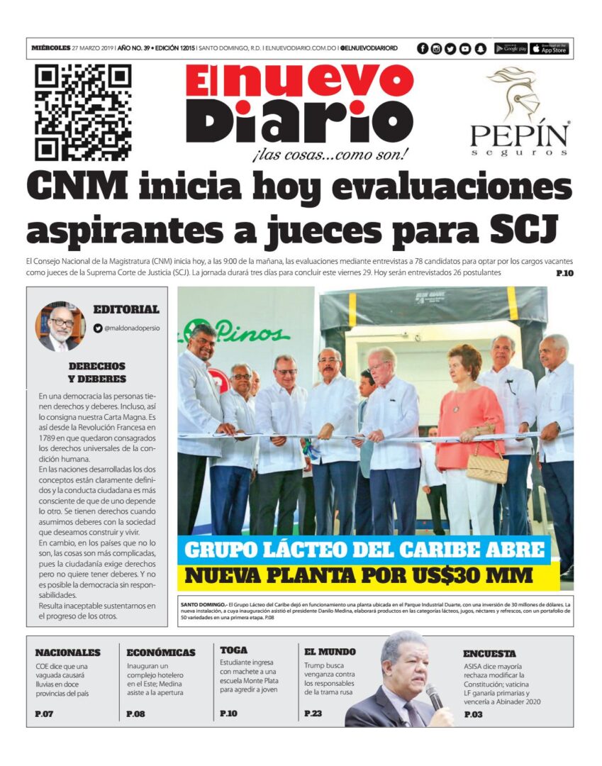 Portada Periódico El Nuevo Diario, Miércoles 27 de Marzo 2019