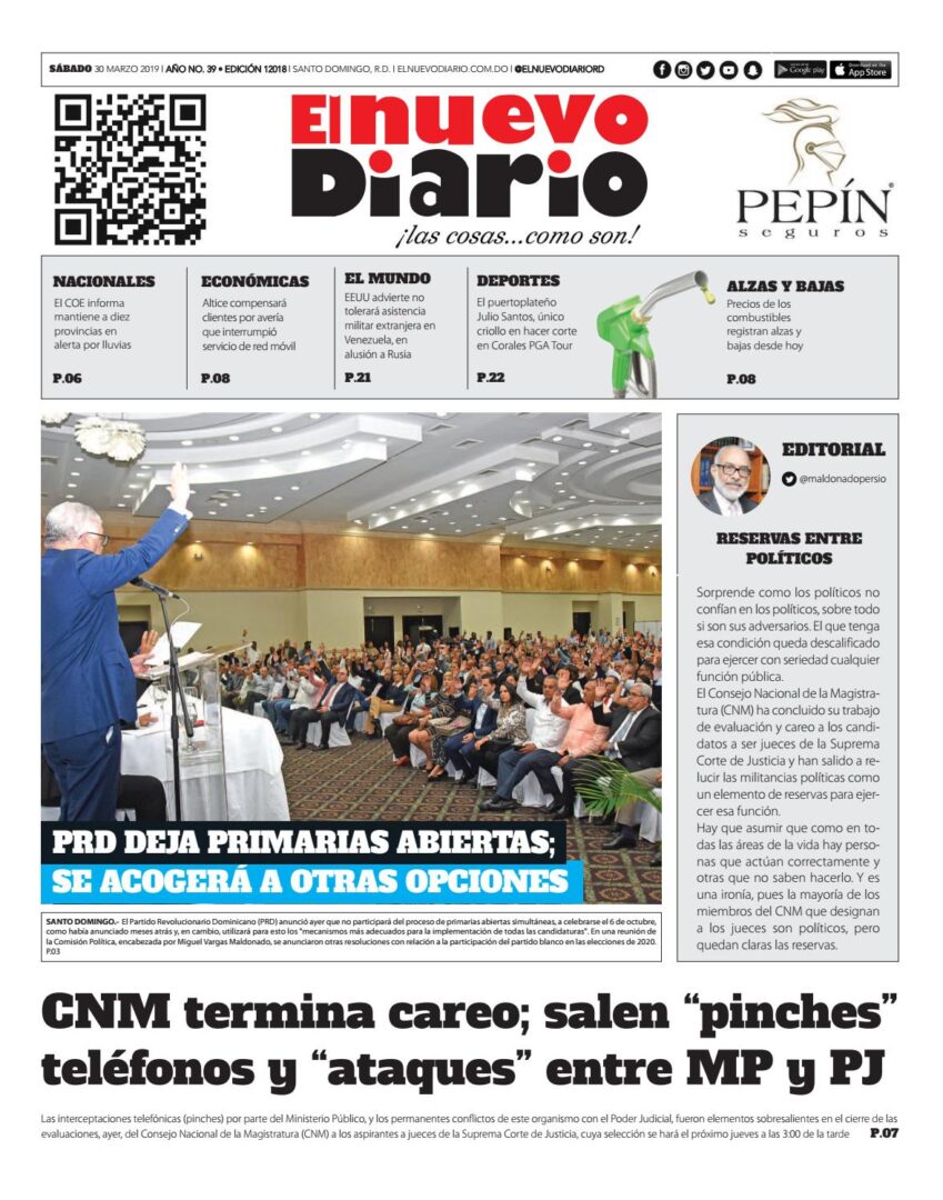 Portada Periódico El Nuevo Diario, Sábado 30 de Marzo 2019