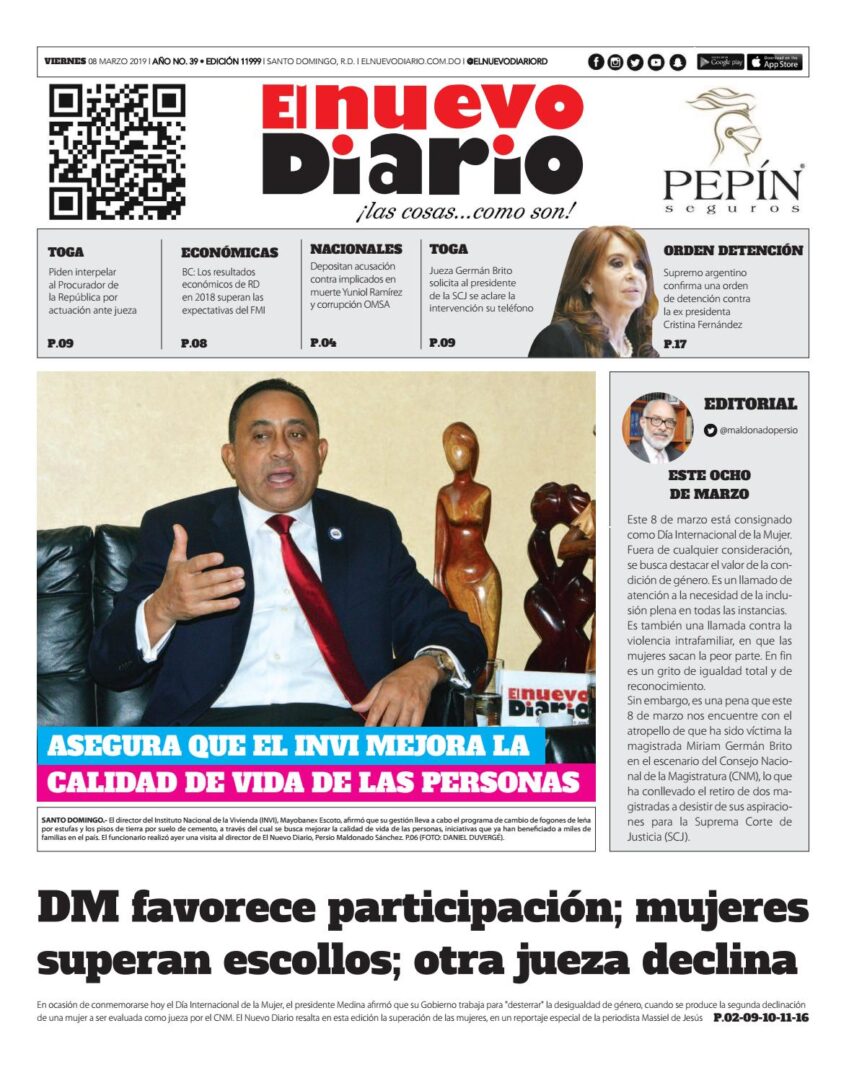 Portada Periódico El Nuevo Diario, Viernes 08 de Marzo 2019