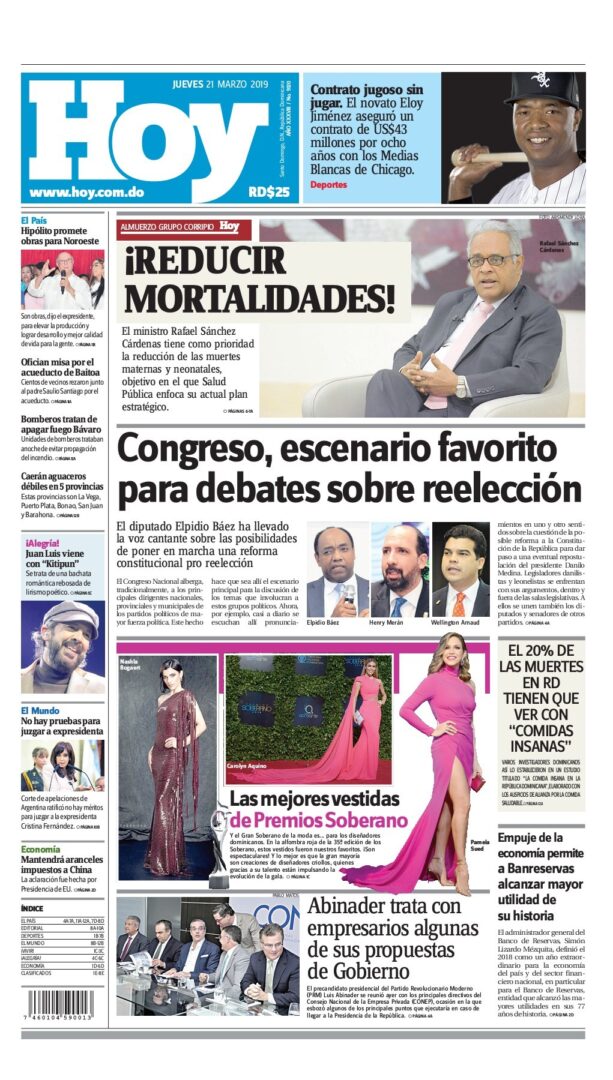 Portada Periódico Hoy, Jueves 21 de Marzo 2019