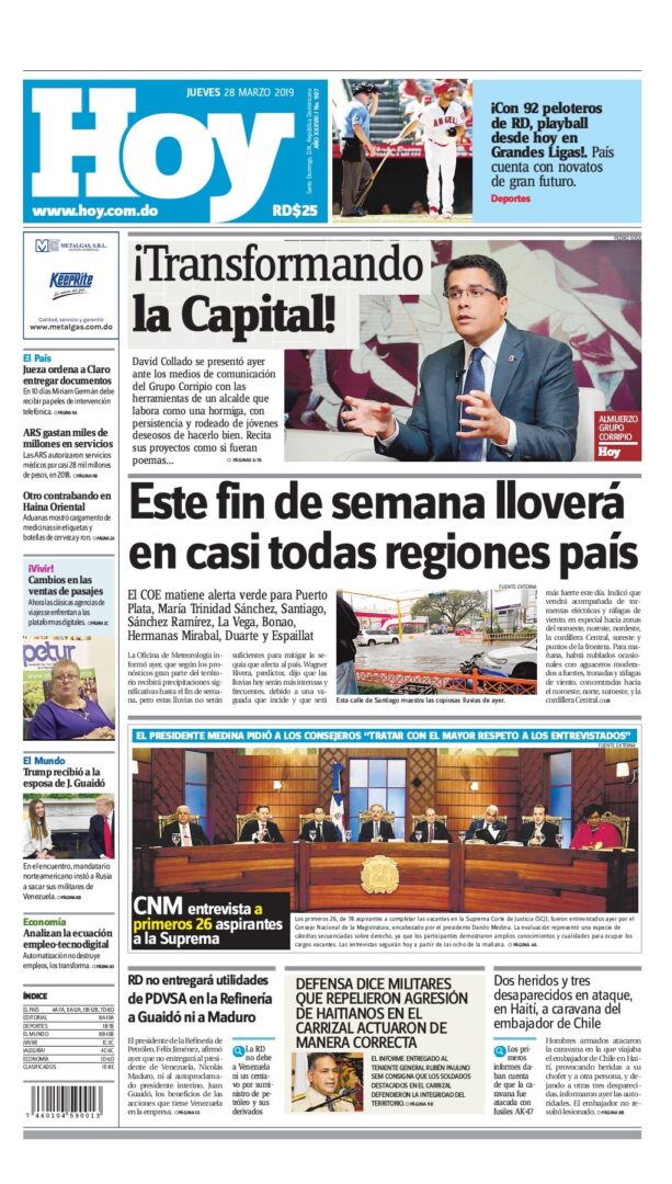 Portada Periódico Hoy, Jueves 28 de Marzo 2019
