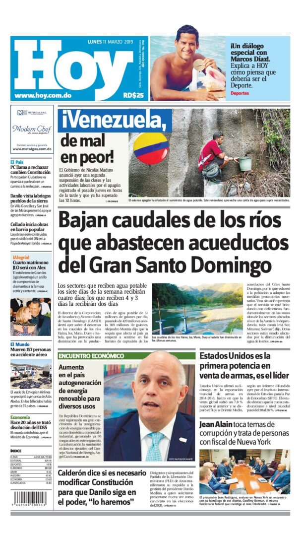 Portada Periódico Hoy, Lunes 11 de Marzo 2019