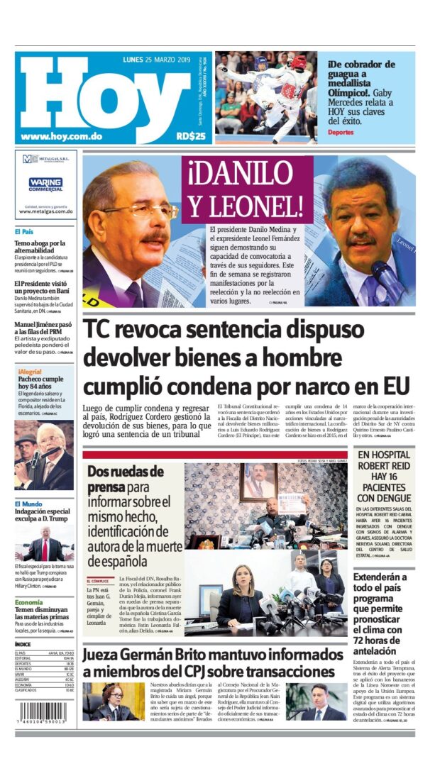 Portada Periódico Hoy, Martes 26 de Marzo 2019