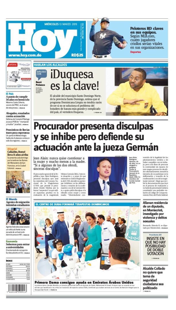 Portada Periódico Hoy, Miércoles 13 de Marzo 2019